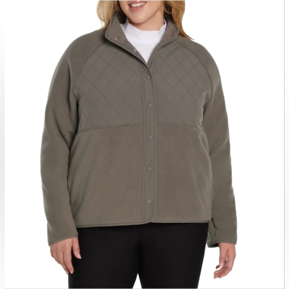 Gap Fit Womens Taupe Quilted Panel Fleece Snap Button-Up Jacket Size XL